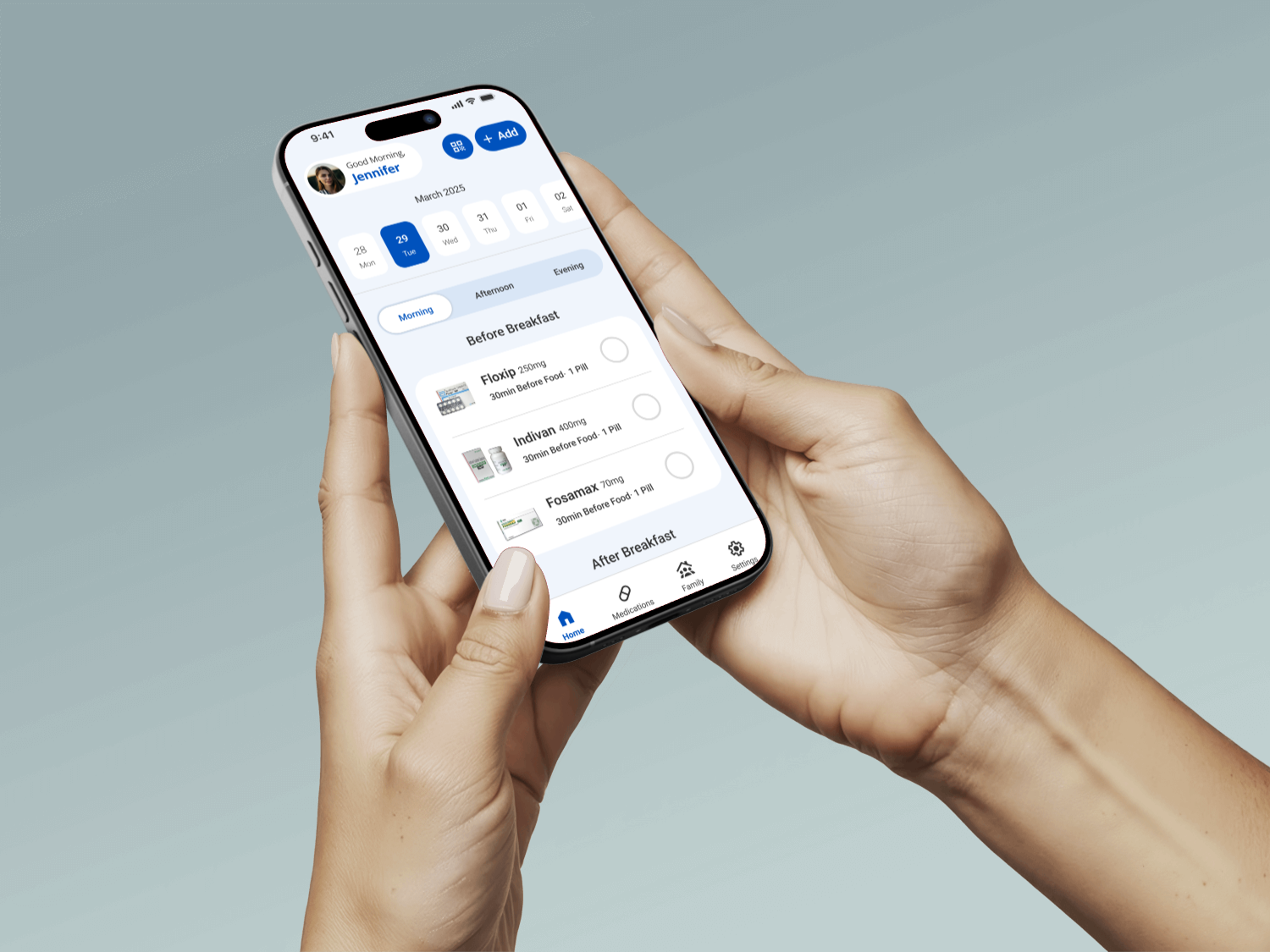 Cura mobile health application shown in a hand-held phone mockup